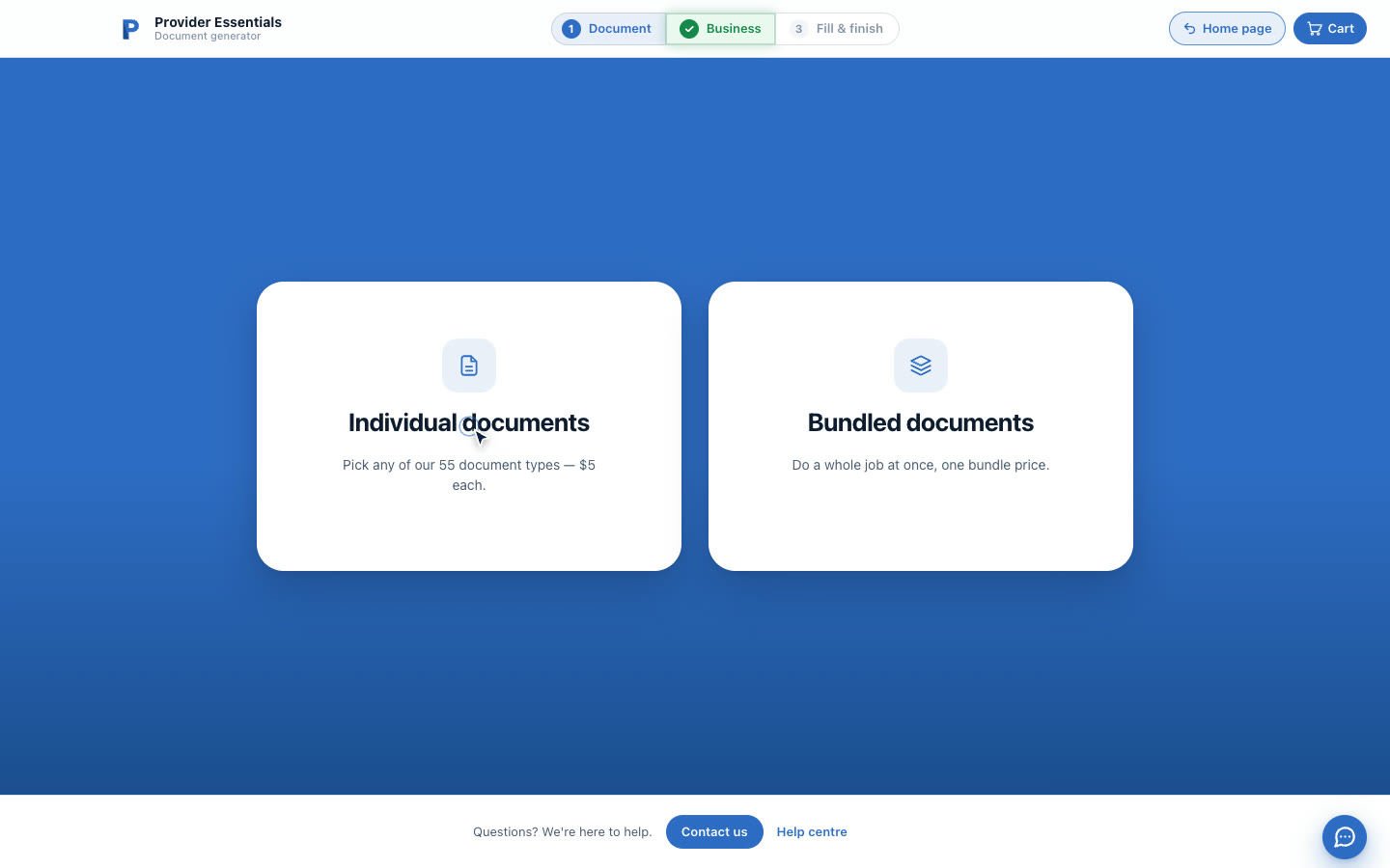 The Provider Essentials generator — filling in an NDIS Service Agreement, previewing it, and adding it to the cart.